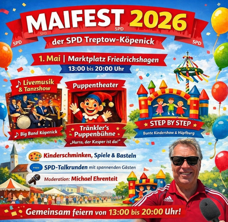 mit ki generiertes Bild für das Maifest der SPD Treptow-Köpenick am 01. Mai 2026 in Friedrichshagen