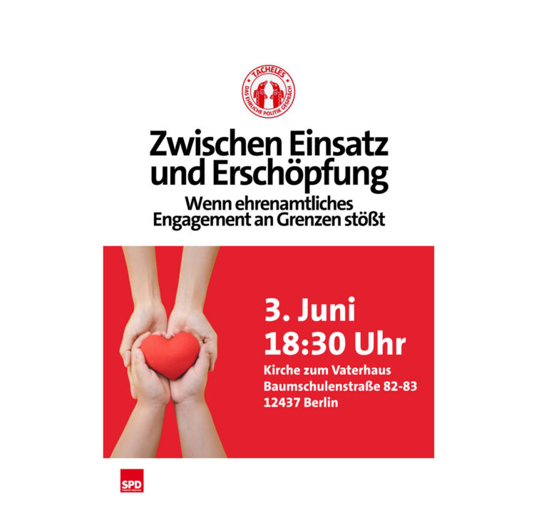 Bei „TACHELES – das ehrliche Politikgespräch“ am 03.06.2026 wollen wir darüber sprechen, was Menschen im Ehrenamt belastet, was sie motiviert weiterzumachen — und was sich ändern muss, damit Engagement nicht zur Dauererschöpfung wird. Gemeinsam mit Gästen aus Initiativen, Praxis, Psychologie und Politik.