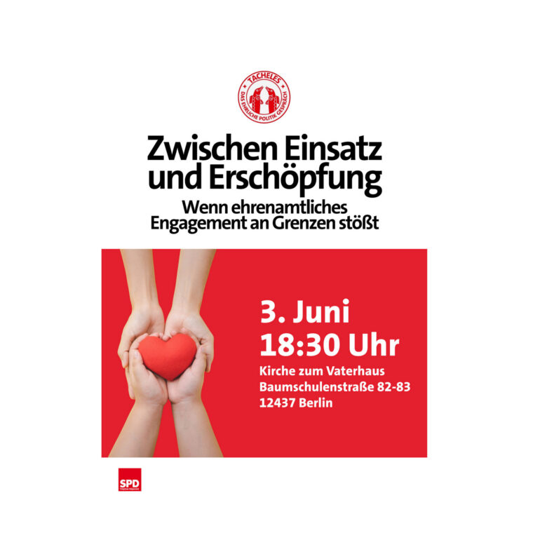 Bei „TACHELES – das ehrliche Politikgespräch“ am 03.06.2026 wollen wir darüber sprechen, was Menschen im Ehrenamt belastet, was sie motiviert weiterzumachen — und was sich ändern muss, damit Engagement nicht zur Dauererschöpfung wird. Gemeinsam mit Gästen aus Initiativen, Praxis, Psychologie und Politik.